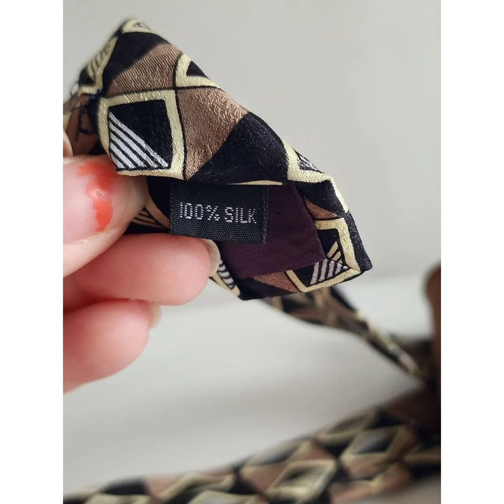 Coral Mens Silk Necktie Brown Black Cream Geometric Abstract Pattern Wide Tie
